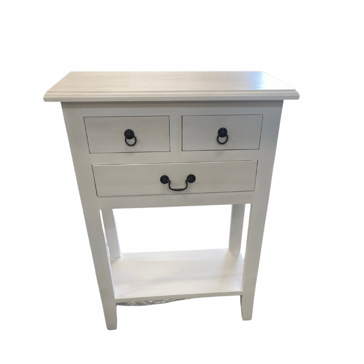white timber hall table with 3 drawers and shelf. compact size