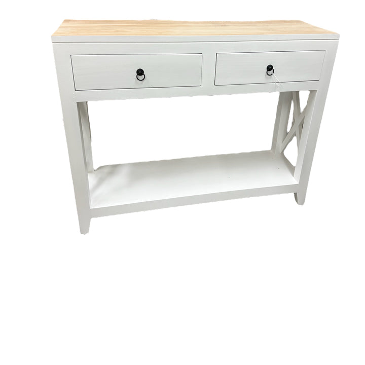 solid timber narrow entry table with white and natural timber